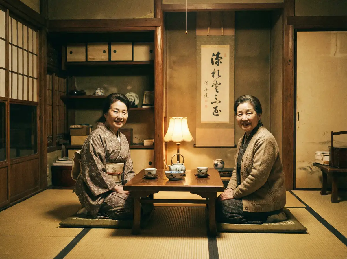 两位优雅的 白丝舞蹈生 在日式茶室中品茶交谈